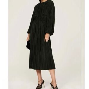 Elegant Black Pleated Smocked-Waist Midi Dress